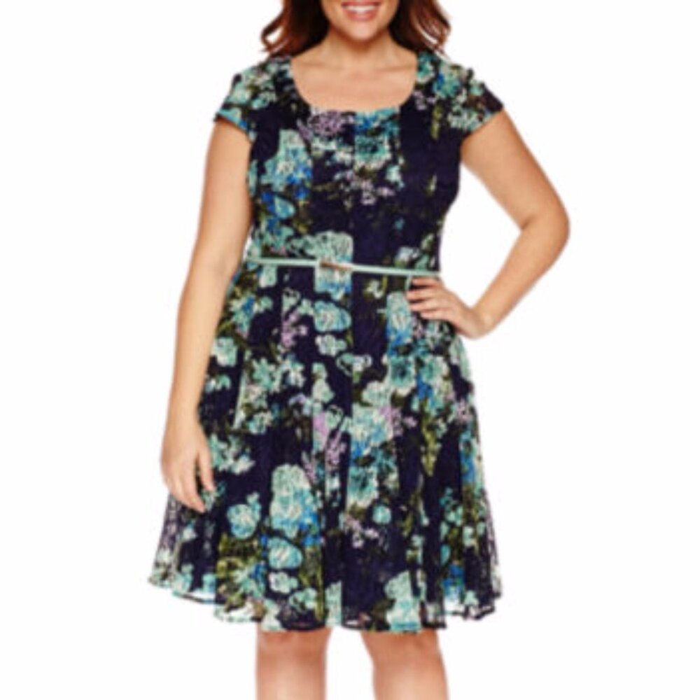 NEW R&K Navy & Teal Floral Print Lace Overlay Cap Sleeve Fully lined Dress 24W
